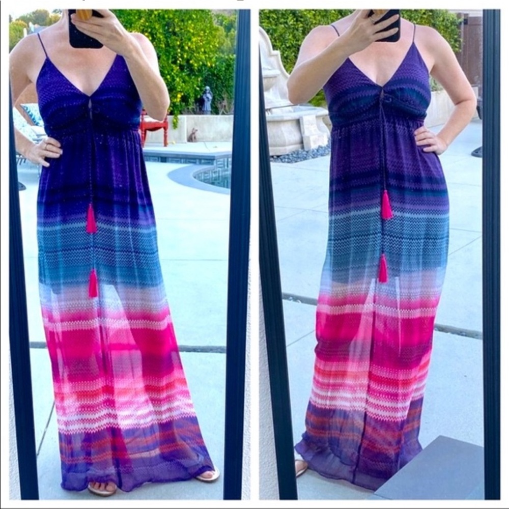 CHARLIE JADE Maxi Dress silk gown long sundress ombré striped purple women’s L